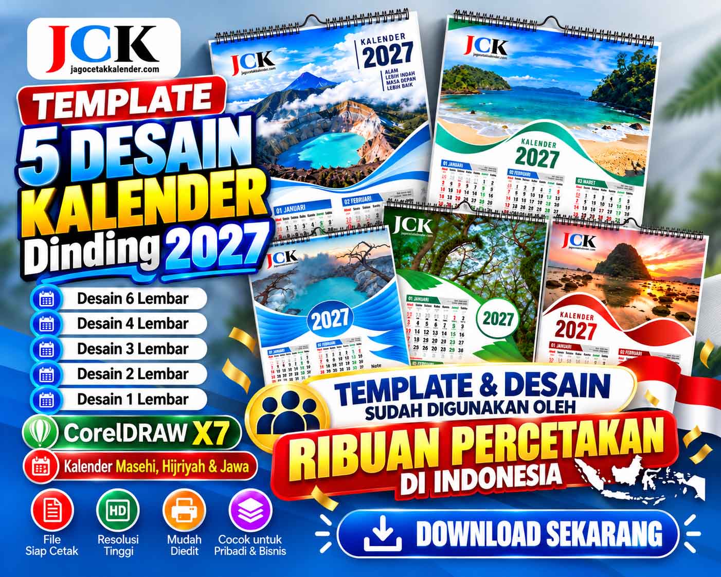 DOWNLOAD TEMPLATE KALENDER 2027 - 5 Desain Lengkap Masehi, Hijriyah & Jawa CDR & PDF