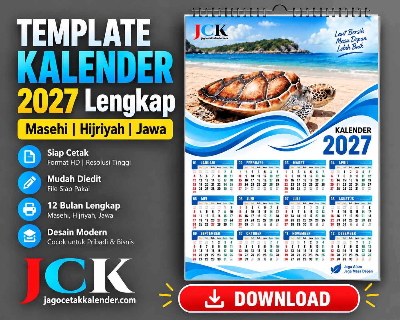 TEMPLATE KALENDER 2027 Lengkap Masehi, Hijriyah & Jawa – File CDR